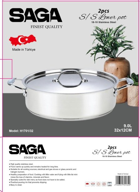 قدر ساجا التركي من الفولاذ المقاوم للصدأ 18/10 | الموديل: H1701/32 | 32 سم - 9 لتر
